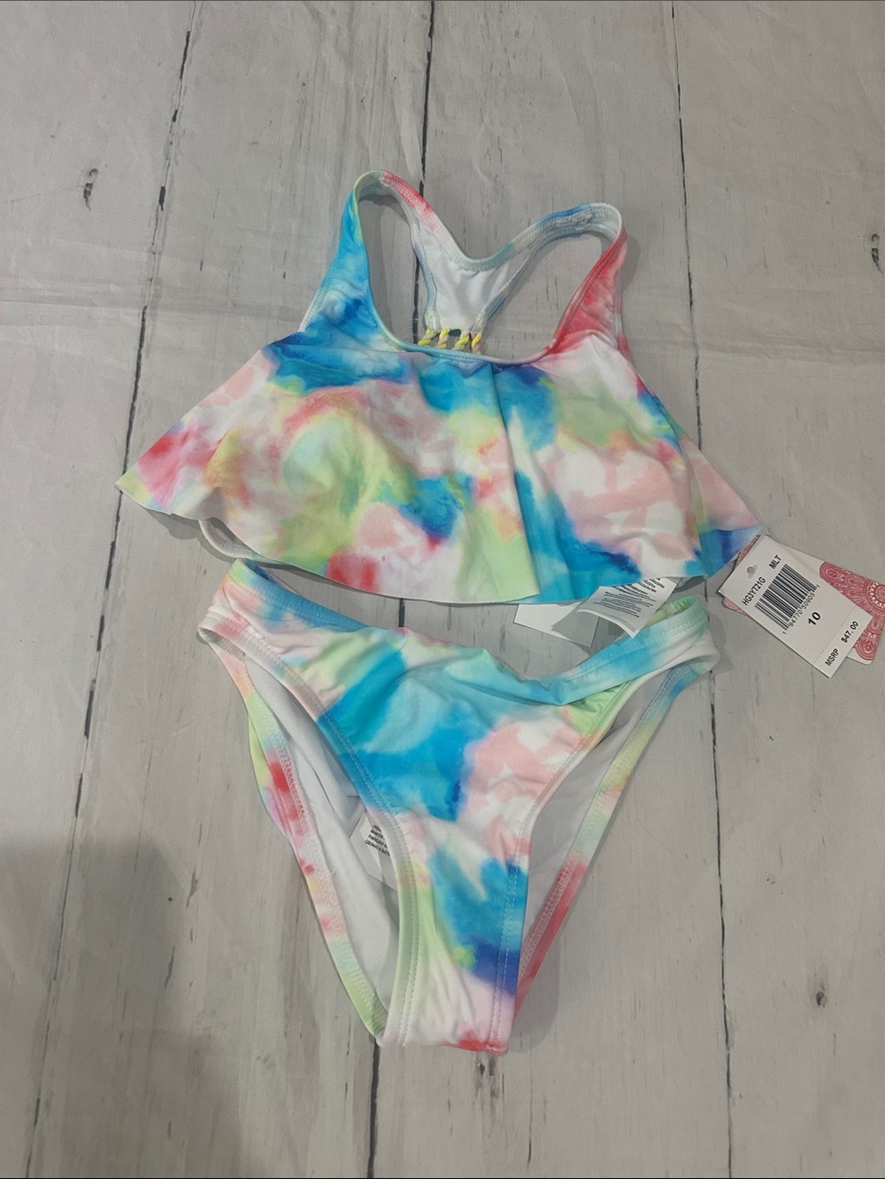 Hobie Girls Tie-Dye flounce razorback bikini in Blue, Pink, Green, Yellow sz 10